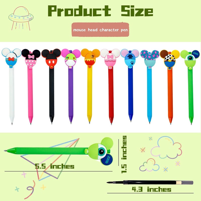 APQA 10pcs Mouse Head Character Ears Pens Set, Retr ctable Ballpoint Pen, Multi Color Jumbo Autograph Princess Pencil Signature Office Desk Stationary Accessories, Gift for Teacher Student - Image 3